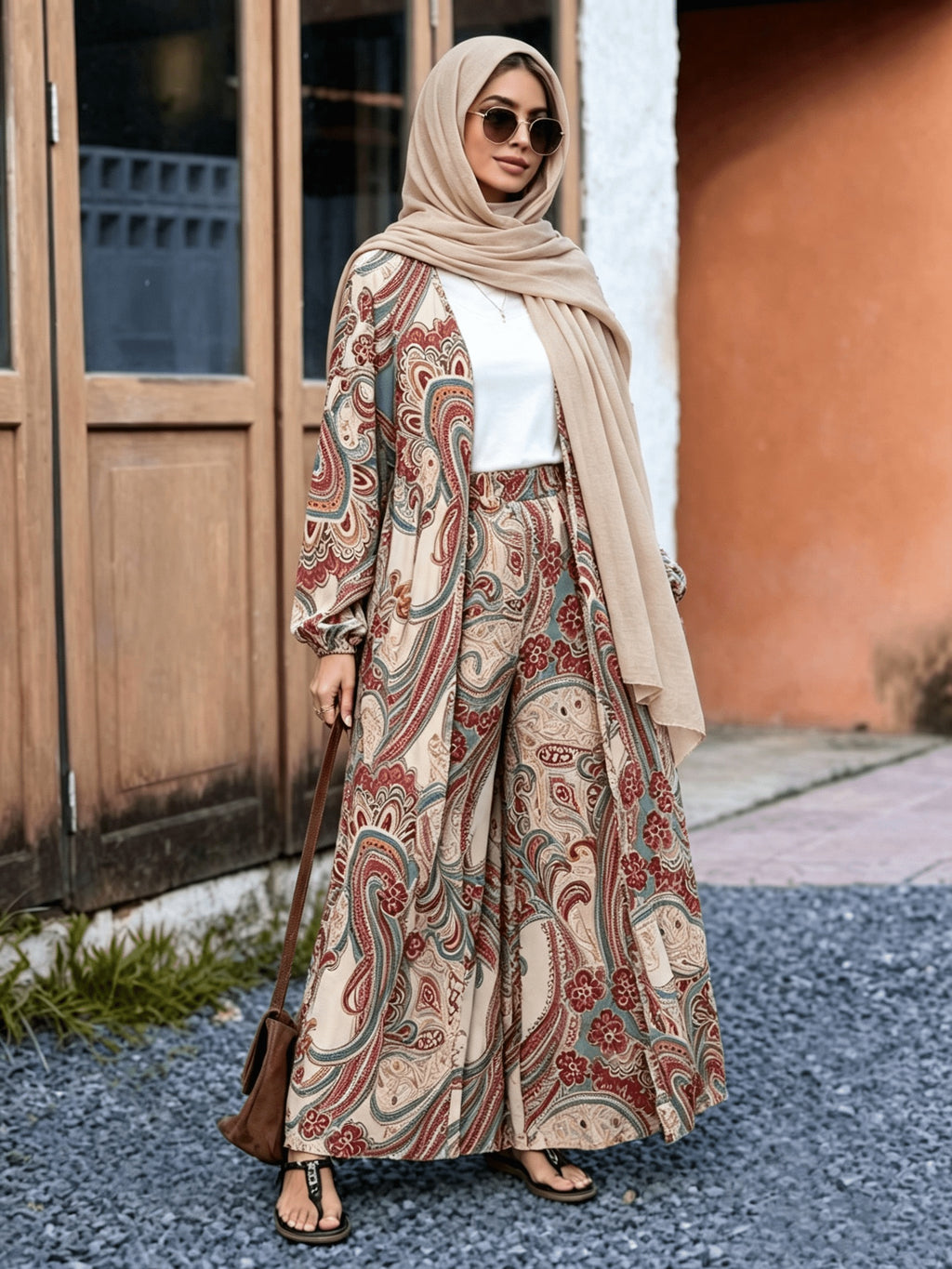 Ximia Paisley Print Cardigan Robe Set, Long Sleeve Loose Outerwear with Wide-Leg Pants 2pcs Set - Apricot