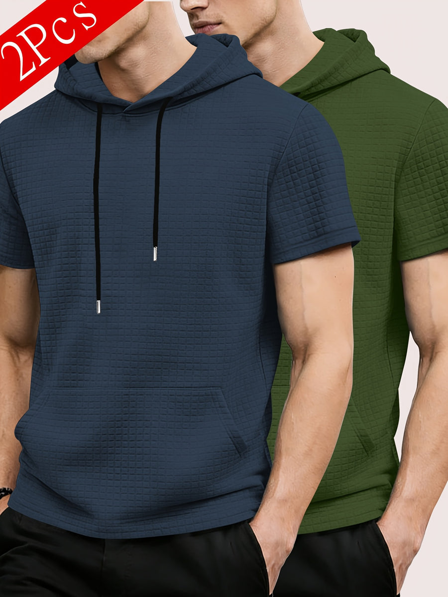 2pcs Men's Waffle Knit Short-Sleeve Hoodie with Kangaroo Pocket, Soft and Breathable Fabric, Multiple Color Options, Versatile, Simple, Stylish, and Casual for Daily Wear or Sports, a Great Choice for Holiday Gifts for Fathers, Partners, and Friends - Navy Blue+Army Green