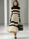 French-Style Elegant High Neck Striped Color-Block Dress for Women, Designer Over-the-Knee Slim-Fit Base Layer Hip-Hugging Skirt - Apricot