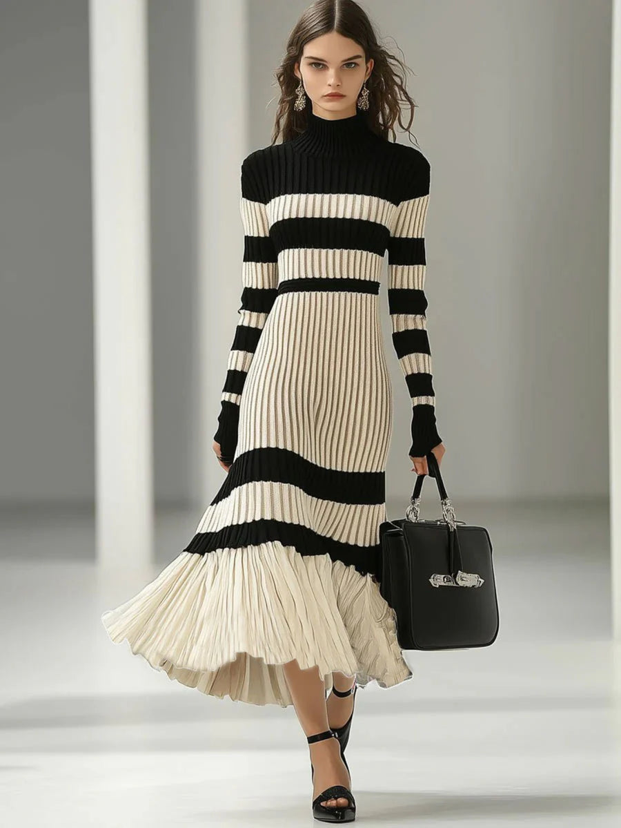 French-Style Elegant High Neck Striped Color-Block Dress for Women, Designer Over-the-Knee Slim-Fit Base Layer Hip-Hugging Skirt - Apricot