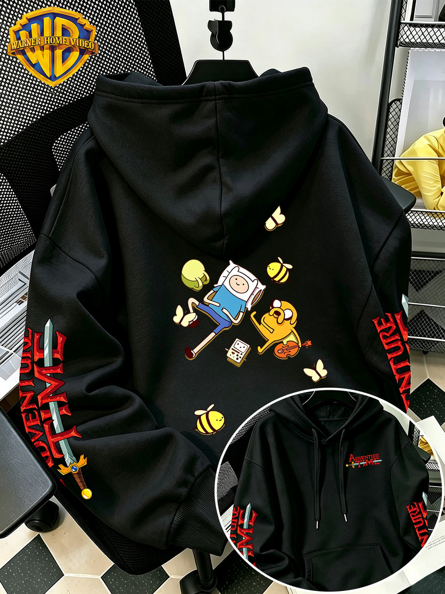 Warner Bros Official Adventure Time Finn & Jake Lying Casual Cartoon Print Hooded Sweatshirt - Men's Versatile Casual Sweatshirt, Comfortable Autumn/Winter Wear, Ideal for Sports, Outdoors, Outings, Travel, and Daily/Commute/Home Use, the Perfect - Black