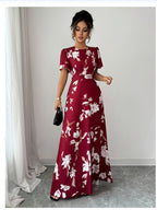 Elegant Exquisite Women'S Burgundy White Floral Print Dress Round Neck Ruffle Short Sleeve Waist Cinched A-Line Maxi Dress Fashion Temperament Piece for Evening Party Wedding Vacation - Red