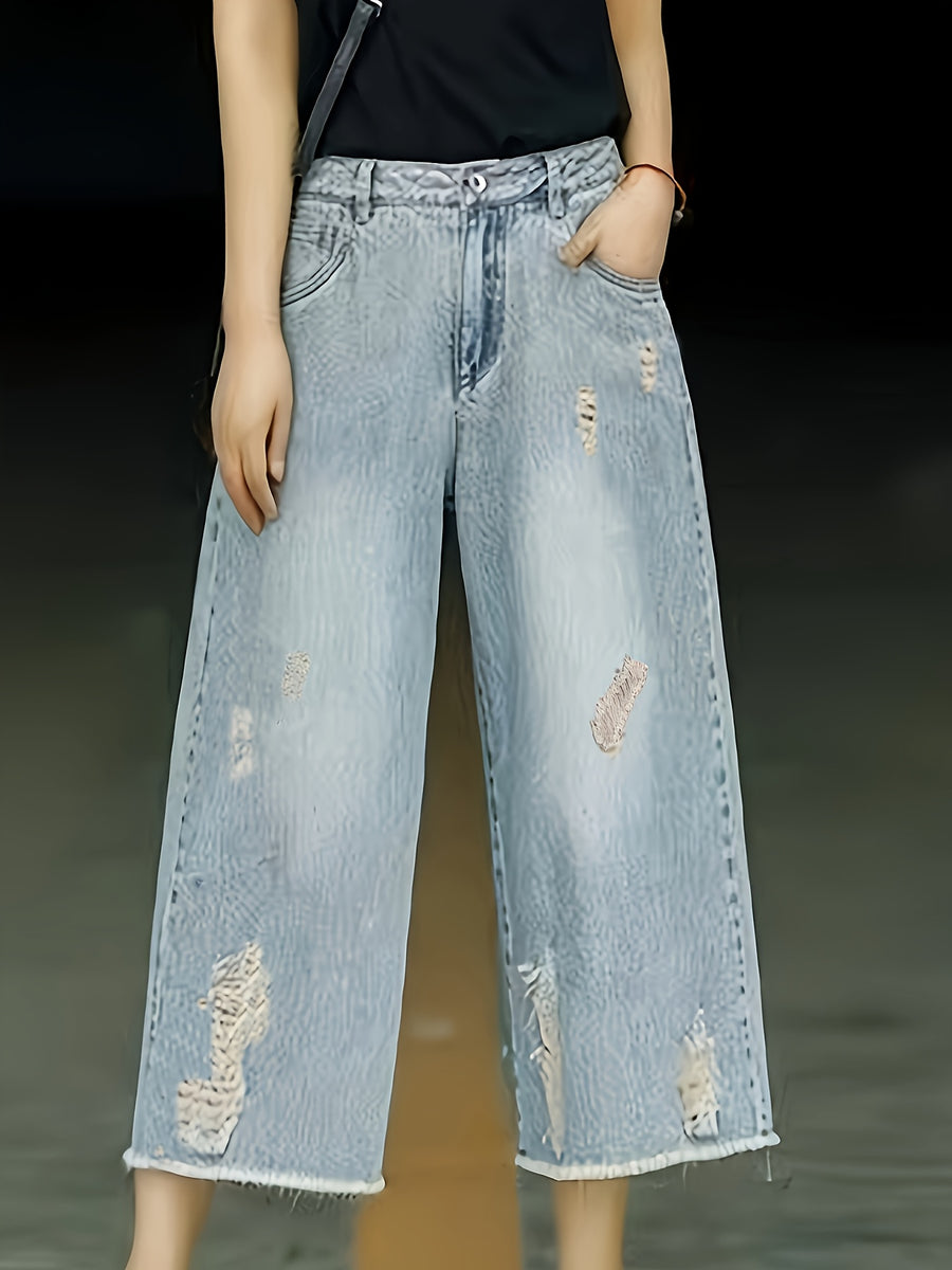 Women'S Fashion Casual Denim Capri Pants Summer Distressed Design Frayed Hem Loose Comfortable Wide-Leg Trousers Women'S Commute Versatile Denim Capri Length - Sky Blue