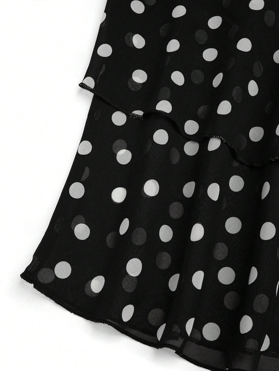 2026 New Black And White Polka Dot Spaghetti Strap Cami, Double-Layer Flowing Skirt Hem, Vacation Style Top, Lazy Style Polka Dot Chiffon Cami, Double-Layer A-Line Fit, Versatile Casual Date Sleeveless Top - Black