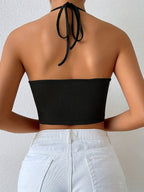 Women'S Leopard Print Hollow-Out Link Design Summer Short Top - Black