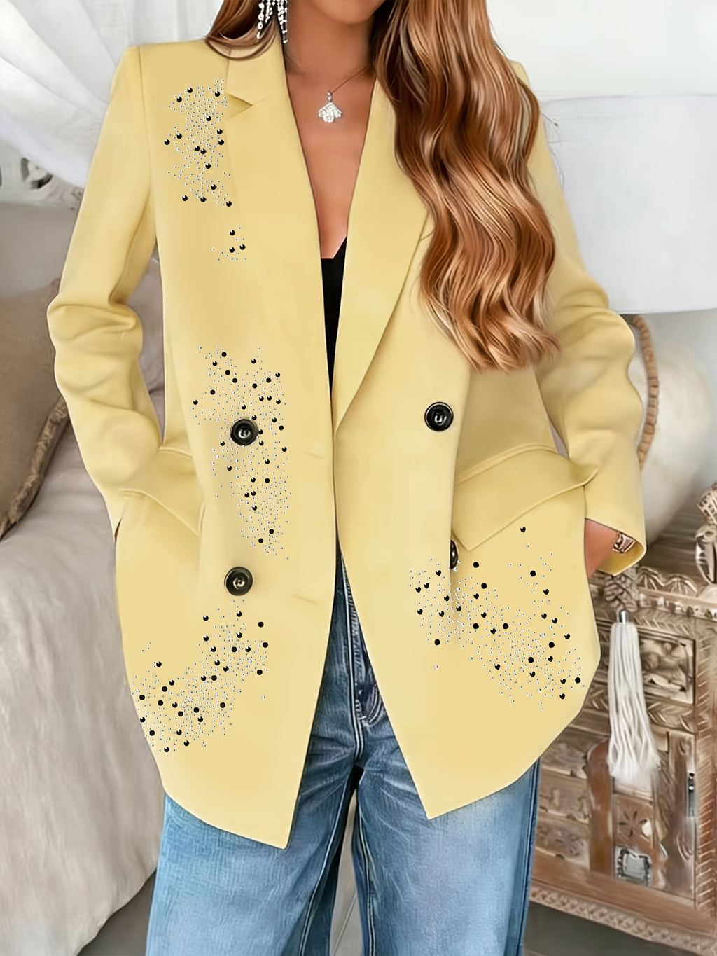 Spring/Autumn Women'S Blazer, Rhinestone Long Sleeve Suit, Double-Breasted Lapel Design, High-Quality Craftsmanship, Machine Washable, Suitable for Dates, Daily Wear, Parties, Fashionable Commuting - 【Light Yellow】