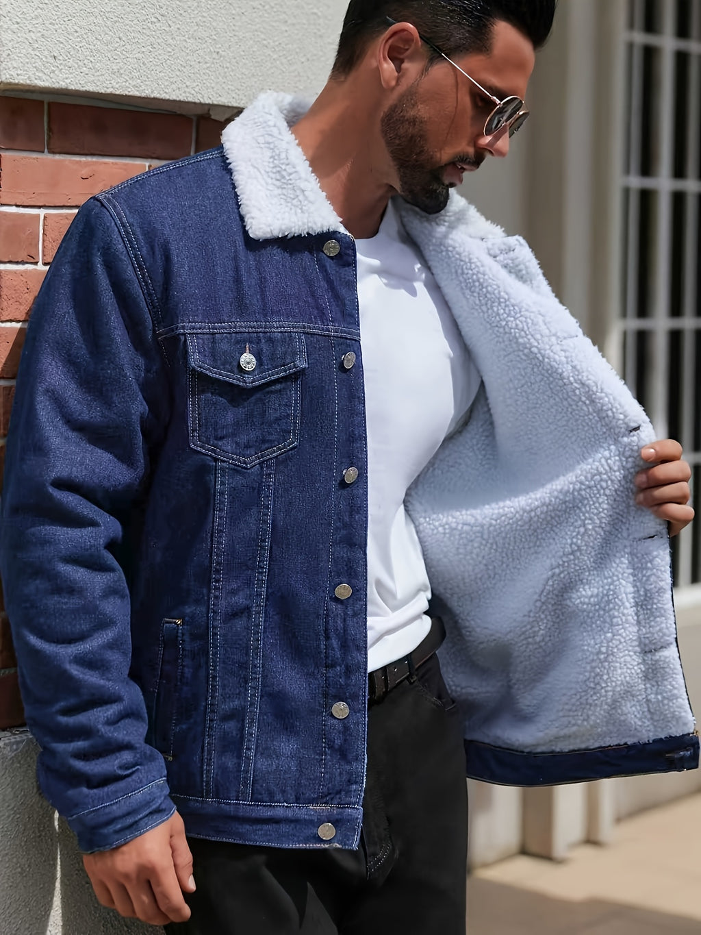 Autumn/Winter Men's -Lined Thick Washed Blue Denim Jacket, Double-Layer Insulated Blue Men's Casual Denim Top, Street Style - Blue