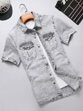 Men's Fashion Versatile Summer Non-Stretch Denim Short Sleeve Shirt Jacket in Off White Snowflake + Regular Wash Soft Process - Gray White Snowflake Color