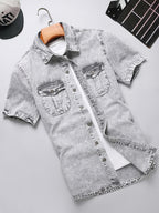 Men's Fashion Versatile Summer Non-Stretch Denim Short Sleeve Shirt Jacket in Off White Snowflake + Regular Wash Soft Process - Gray White Snowflake Color