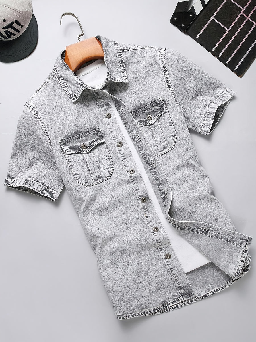 Men's Fashion Versatile Summer Non-Stretch Denim Short Sleeve Shirt Jacket in Off White Snowflake + Regular Wash Soft Process - Gray White Snowflake Color