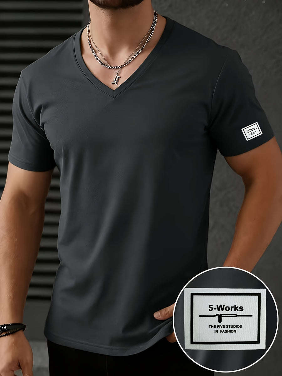 Men'S Patchwork V-Neck Short Sleeve T-Shirt, Suitable for Summer Outdoor Casual Wear, Casual Versatile Knit Top - Dark Gray 3