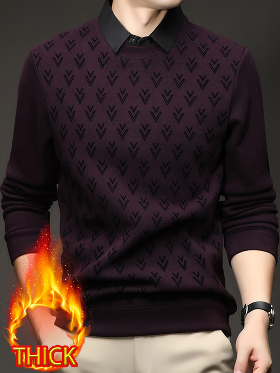 Thickened Men'S Shirt Collar Fake Two-Piece Sweater, Shirt Collar Fake Two-Piece Pullover, Long Sleeve, Ribbed Cuffs And Hem, Fall/Winter Outerwear And Inner Wear - SINBOS, Knit - Gentian Violet
