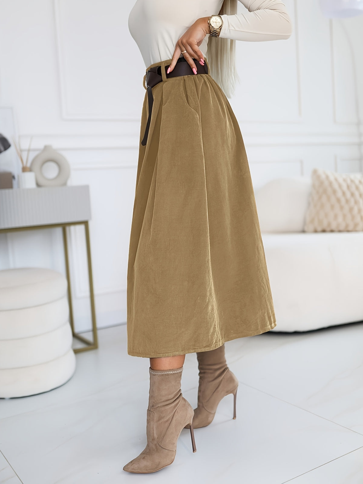 YY0824062 + Lingshan Directional + Women'S Spring And Autumn Elegant Retro A-Line High Waist Oblique Pocket Pleated Skirt, Elastic Waist, Commuting Versatile Mid-Length Umbrella Skirt - Yellowish-brown