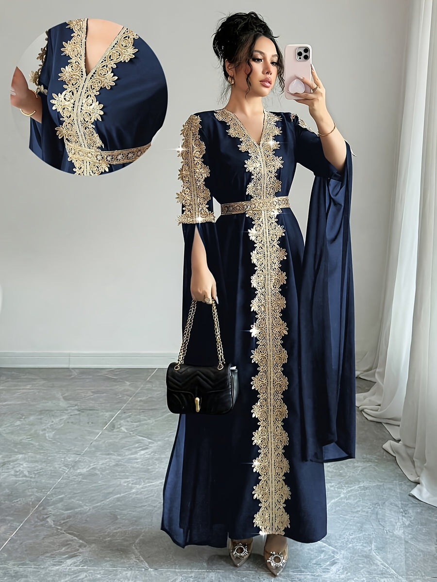 DJ0518185 Integrated Exquisite Golden Embroidery Mesh Outer Wrap Dress, Luxurious Elegant Temperament, "Golden Embroidery" Highlights Golden Embroidery Element - Navy Color