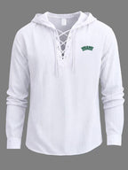 Men's Fashion Light Business Hooded Long-Sleeve Top, V-neck with Criss-Cross Tie to Define Lines, Subtle MIAMI Curved Letter Print for a Minimalist and Restrained Look. Suitable for Both Office Commutes and Casual Dates, with Clean Cut Lines - White