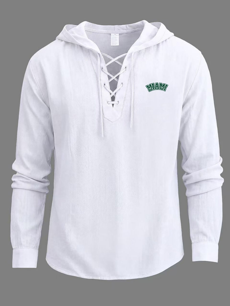 Men's Fashion Light Business Hooded Long-Sleeve Top, V-neck with Criss-Cross Tie to Define Lines, Subtle MIAMI Curved Letter Print for a Minimalist and Restrained Look. Suitable for Both Office Commutes and Casual Dates, with Clean Cut Lines - White