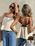 Lace Back Strap Tank Top, Contrast Trim Bow Loose Sleeveless Top - Light Beige