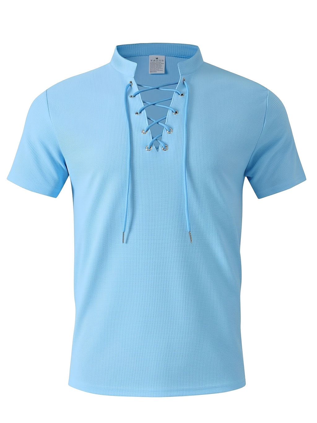 Breathable Fabric Summer Men'S Waffle Skinny Short Sleeve American Oversized Casual V-Neck Tie-Up T-Shirt - Sky Blue