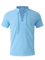 Breathable Fabric Summer Men'S Waffle Skinny Short Sleeve American Oversized Casual V-Neck Tie-Up T-Shirt - Sky Blue