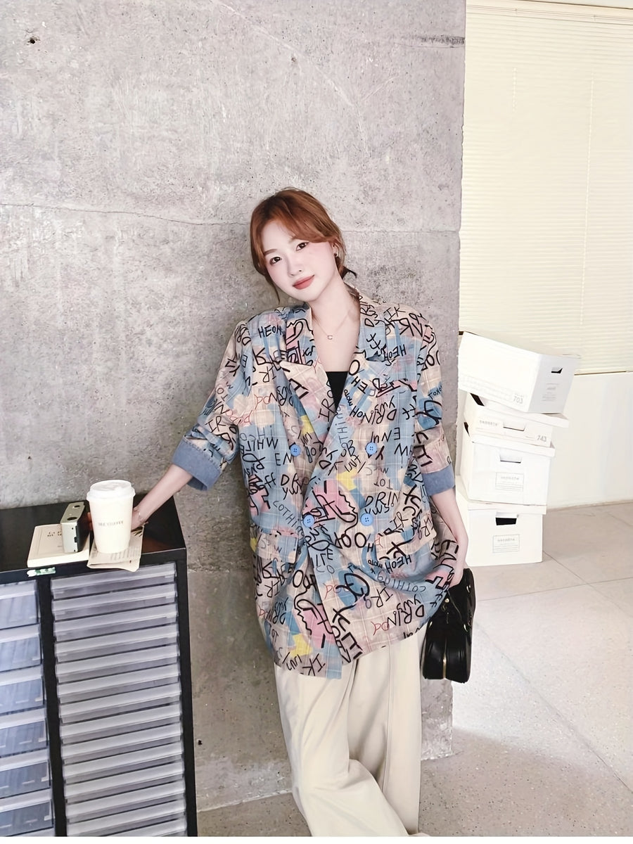 Women's Gray Plaid Blazer Jacket, Spring 2025 New Arrival, Street-Style Design, Loose Fit, Casual Graffiti Print Suit Jacket - Pink