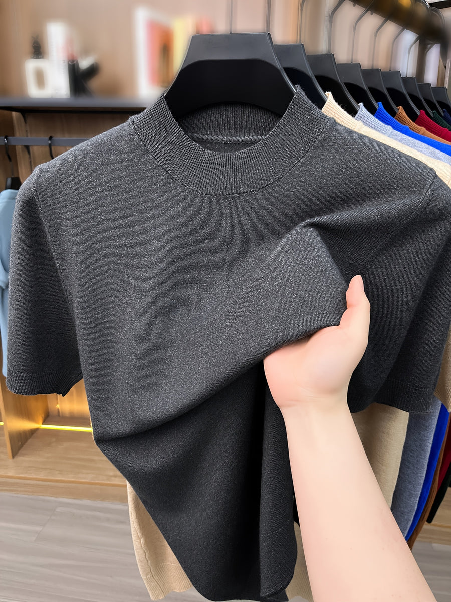 [Wading Whale OBM] 1pc Spring Summer New Men'S Knit Pullover Sweater, Old Money Style Textured Solid Color Short Sleeve T-Shirt, Casual Fashion Thin Breathable Ribbed Pullover Sweater Base Layer Top, Suitable for Spring And Summer Wear - Dark Gray