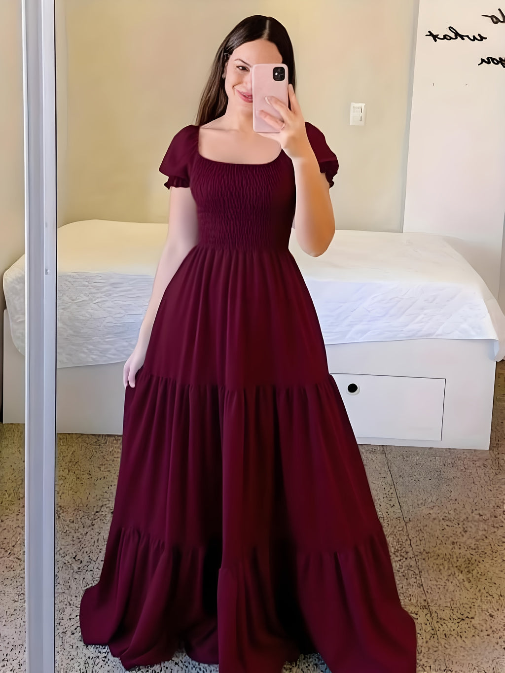 Four-Season Suitable Dress, Y2K Women's New Solid Color Square Neck Tie-Back Long Dress, Suitable for Streetwear, Commuting, Parties, Social Events, Vacations, Christmas, New Year, Valentine's Day, Women's New Clothing M186 - Burgundy