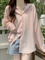 New Summer Women's Hooded Long-Sleeve Shirt, Loose-Fit Lightweight Korean-Style Lazy Chic Outerwear Top/Jacket - Pink