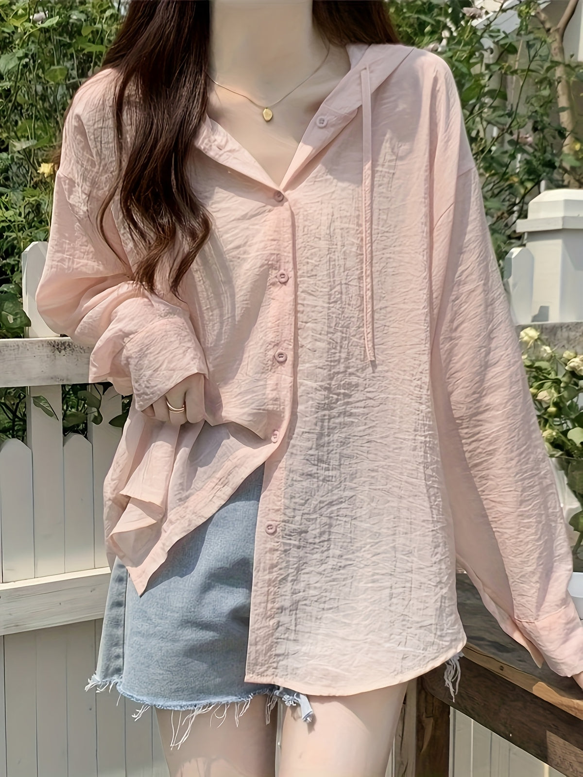 New Summer Women's Hooded Long-Sleeve Shirt, Loose-Fit Lightweight Korean-Style Lazy Chic Outerwear Top/Jacket - Pink