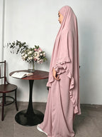 2pcs Set: Middle East Dubai 2pcs Set, Including 1 Solid Color Long Headscarf + 1 Long Robe, Women's Fashion Loose Robe Ramadan Prayer Outfit - Pink Color