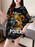 Women's Plus Size Oversized Graphic T-Shirt - Cute Cartoon Bear & Inspirational Text Print, Breathable Stretchy Fabric, Longline Casual Top for Spring Summer Fall, Bear T Shirt, Spring Fashion, Round Neckline, Nontransparent Material, Machine Washable - K170-B