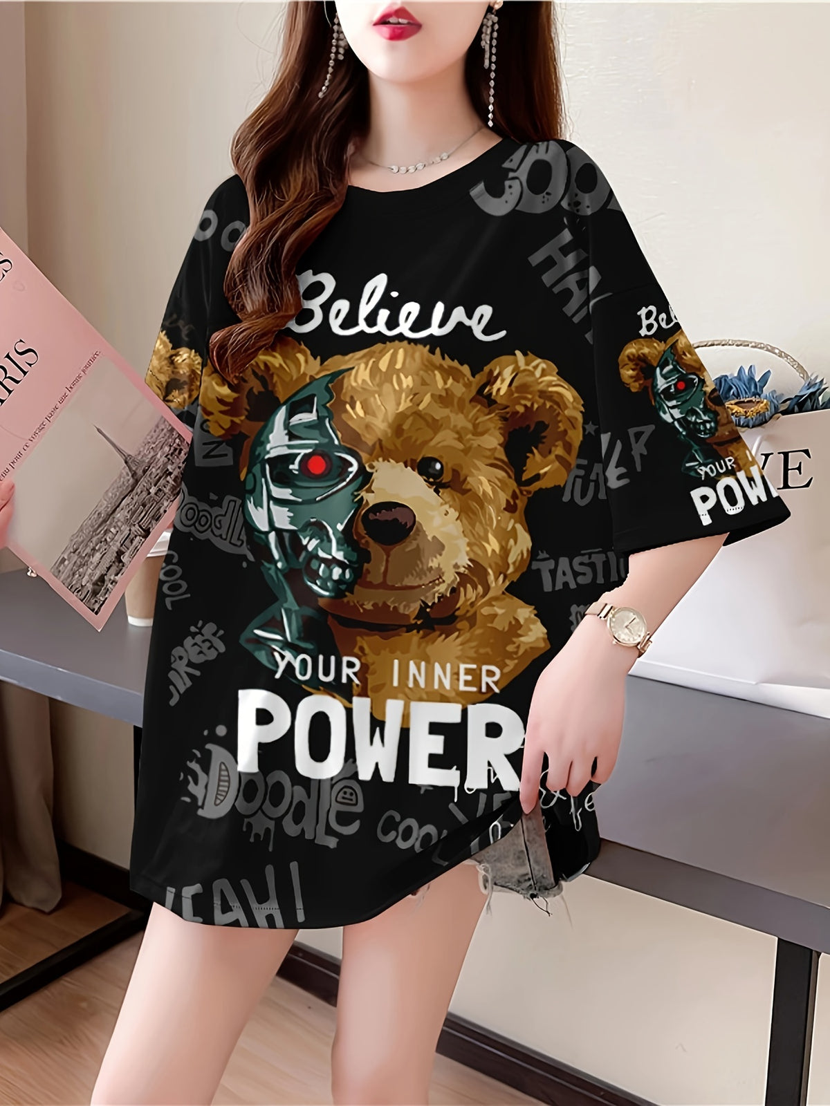 Women's Plus Size Oversized Graphic T-Shirt - Cute Cartoon Bear & Inspirational Text Print, Breathable Stretchy Fabric, Longline Casual Top for Spring Summer Fall, Bear T Shirt, Spring Fashion, Round Neckline, Nontransparent Material, Machine Washable - K170-B