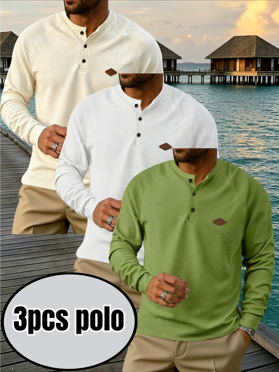 Men's 3pcs Raglan Henley Collar Waffle Long Sleeve Shirt, Soft High-Stretch Breathable Textured Polo, for Beach Vacation, Daily Outdoor Wear, Loose Fit, Multi-Color, Street Style, Half-Button Placket - Beige + White + Green