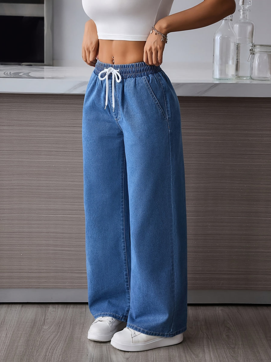 Short/Shorter Height High-Waisted Wide-Leg Straight-Leg Pants - Beltless Drawstring Waist, Loose Casual Jeans for - Wear, Full-Length Length (Machine Washable) - Straight-Cut for /Flats/ - Light Blue