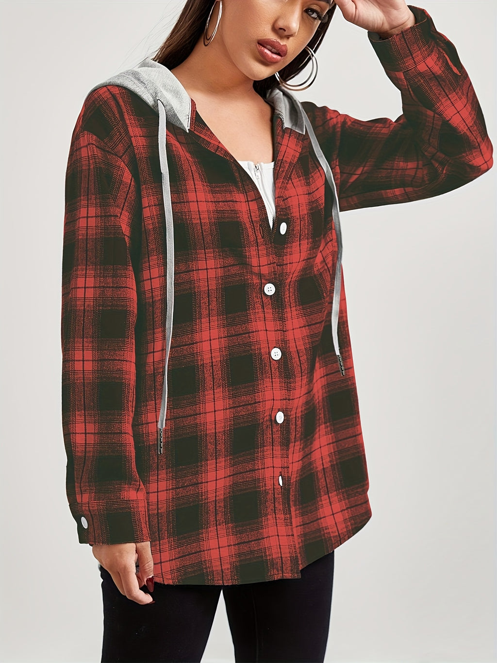 European And American Women'S Autumn And Winter Fashion Plaid Long Sleeve Hooded Shirt - Red