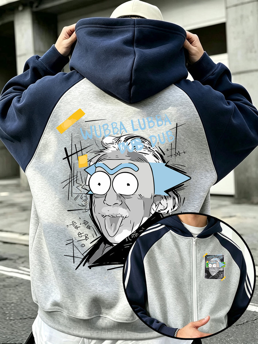 Official Warner Bros. Licensed Men's Raglan Sleeve Colorblock Zip-Up Hooded Sweatshirt, Featuring a Playful Rick Comic Avatar Illustration Print, Loose-Fit Contrast Stripe Hoodie for Fall/Winter, Trendy Streetwear Fashion Casual Versatile Sporty - Gray And Navy Blue