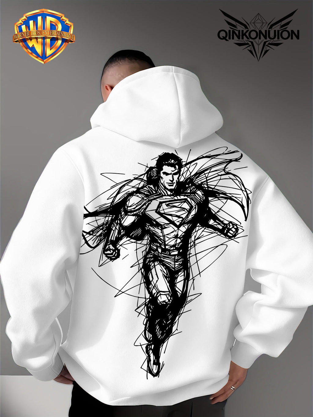 Warner Official Men'S Hooded Sweatshirt, Featuring Sketch Lines, Superhuman Flight, Dynamic And Cool Print Design, Machine Washable, Warm And Casual for Autumn And Winter, Daily Drawstring Hoodie, Multifunctional Sports And Casual Loose Fit - White