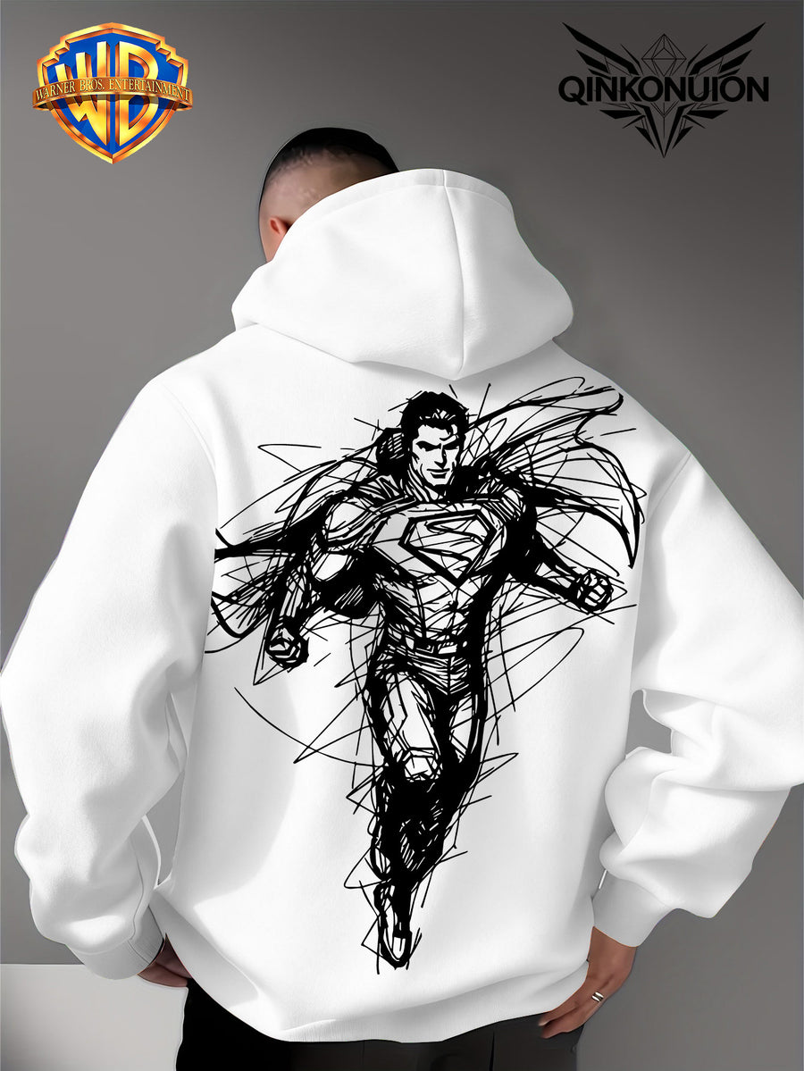 Warner Official Men'S Hooded Sweatshirt, Featuring Sketch Lines, Superhuman Flight, Dynamic And Cool Print Design, Machine Washable, Warm And Casual for Autumn And Winter, Daily Drawstring Hoodie, Multifunctional Sports And Casual Loose Fit - White