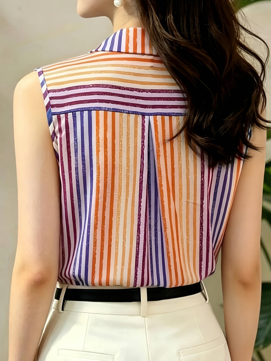 Elegant Women's Striped Sleeveless Blouse, Beach Vacation Shirt, Casual Commuter Style Vest - Stripe 4