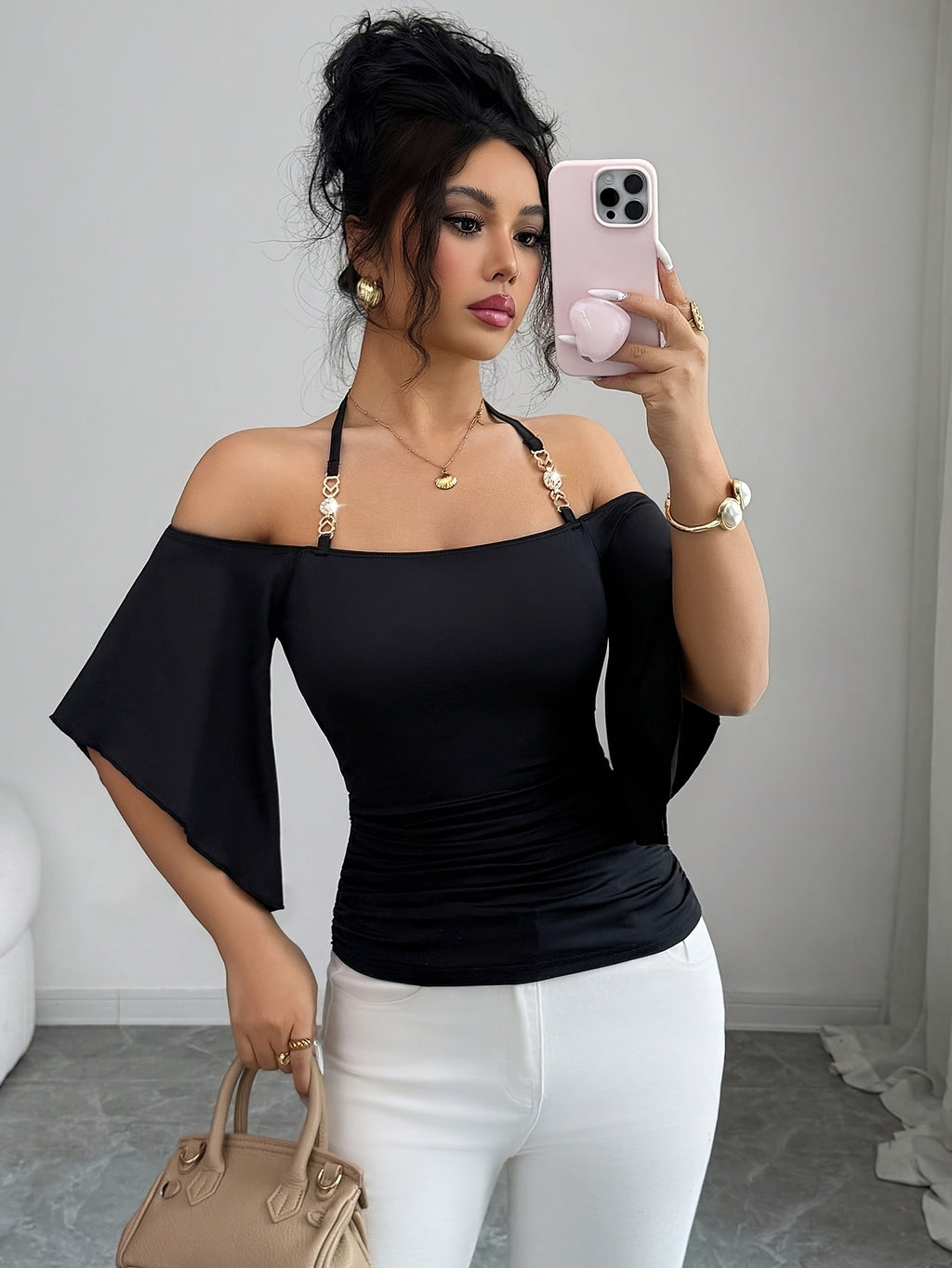 Women'S Black Golden Strap T-Shirt, Off-Shoulder Short Sleeve Elegant Summer Evening Top, Fitted Ruffled Retro Easy Party Music Festival Outfit - Black