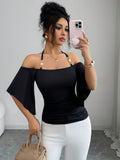 Women'S Black Golden Strap T-Shirt, Off-Shoulder Short Sleeve Elegant Summer Evening Top, Fitted Ruffled Retro Easy Party Music Festival Outfit - Black