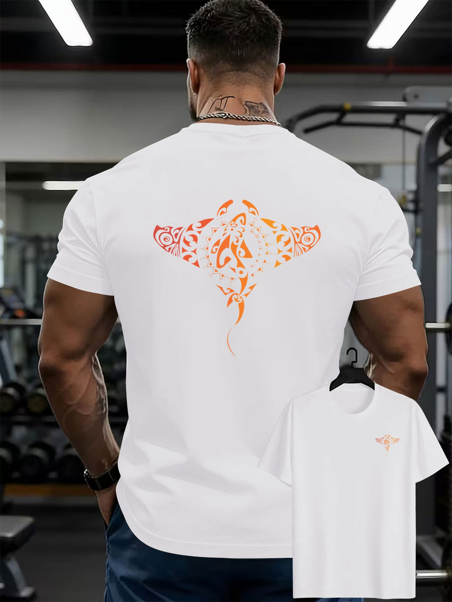 100% Men'S T-Shirt, Multi-Colors Available, Men'S Manta Ray Pattern T-Shirt, Front And Back Print T-Shirt, Summer Casual Round Neck Short Sleeve T-Shirt - White