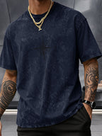 Men's Washed Distressed Pure Cotton Loose Fit Drop Shoulder T-Shirt with Vintage Compass and Anchor Line Graphic Print on Front and Back, Versatile American Streetwear High Street Hip-Hop Style, Couple's Matching Outfit for Streetwear, Daily Outings - Navy Color