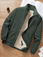 [Pearson OBM] Autumn Winter Men'S Fleece Thick Solid Color Stand Collar Cardigan Jacket Outdoor Casual Versatile Fashion Jacket Top - Olive Green
