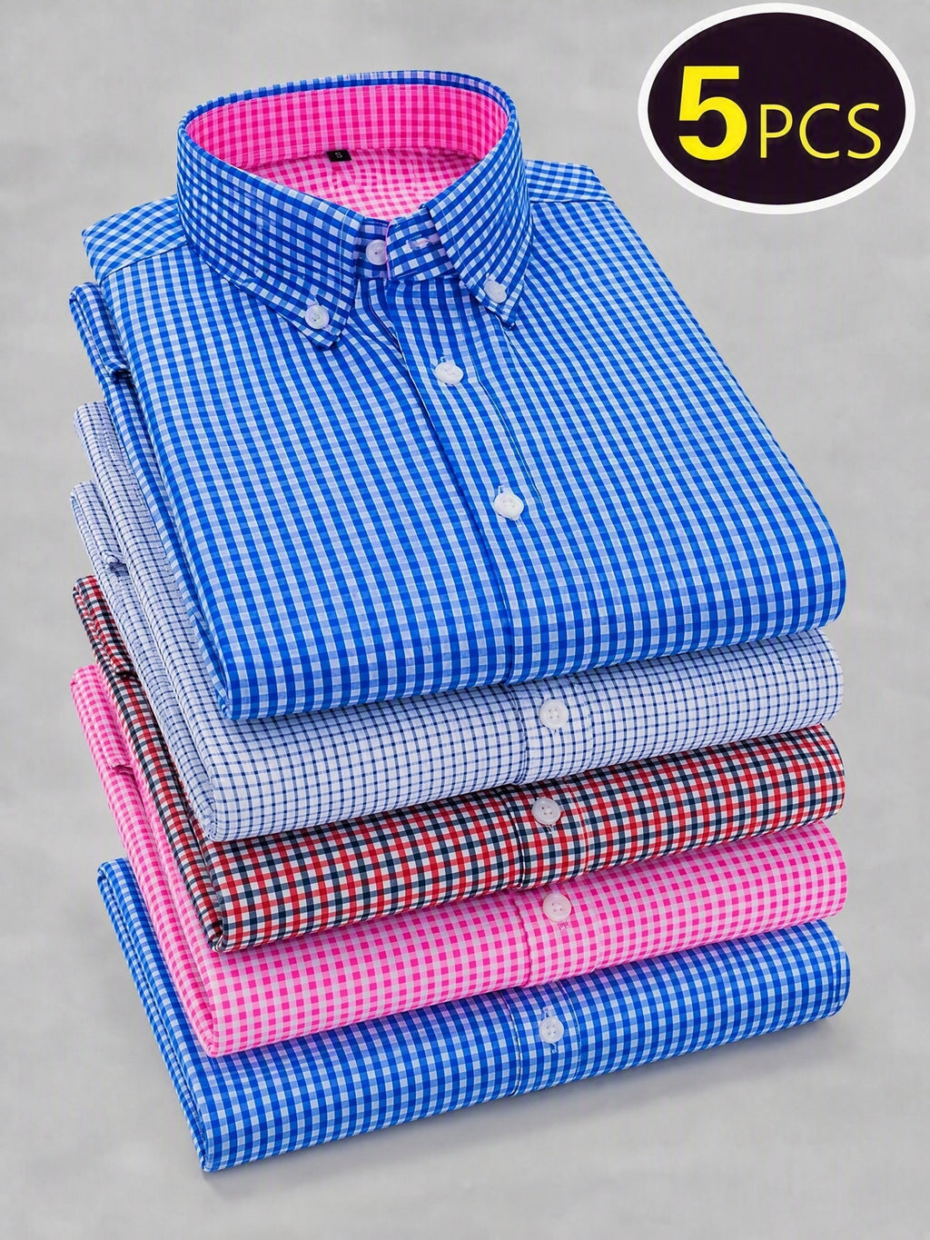 5pcs Men'S Casual Long Sleeve Plaid Shirt Set, Multi-Color Matching, Comfortable And Non-Iron, Lapel Button-Up Design, Essential for Daily Wear - 2 dark blue + light blue rose red jujube red