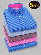 5pcs Men'S Casual Long Sleeve Plaid Shirt Set, Multi-Color Matching, Comfortable And Non-Iron, Lapel Button-Up Design, Essential for Daily Wear - 2 dark blue + light blue rose red jujube red