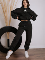 Women'S Clothing Slogan Trendy Fashion Pattern Printed Drop-Shoulder Casual Hooded Pullover Sweatshirt with Drawstring Casual Sweatpants for Parties, Back-To- Autumn And Winter Two-Piece Set - Black