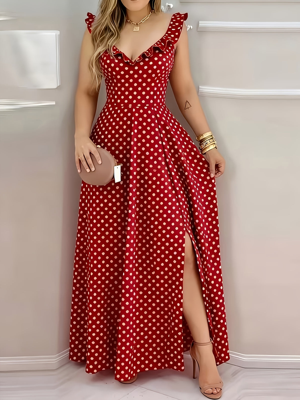 Plus Size - Plus Size - Plus Size Elegant Red Polka Dot Dress for Women - Red