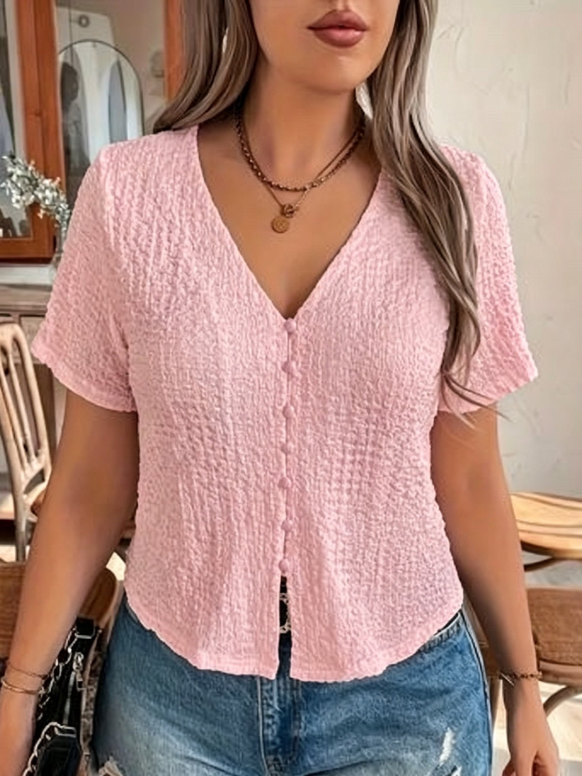Button- V-neck Shirt - Pink