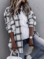 Fashion Women's Casual Plaid Random Print Turn- Collar Long Sleeve Pocket Loose Shirt Top - White