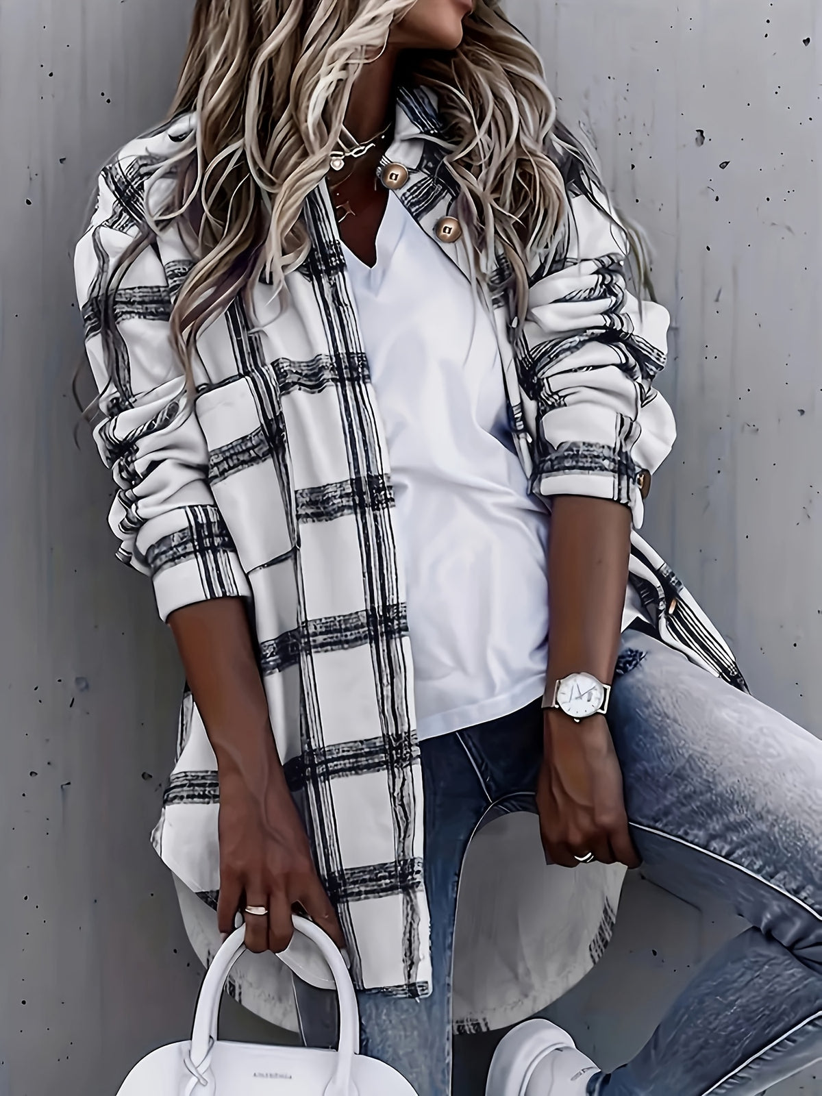 Fashion Women's Casual Plaid Random Print Turn- Collar Long Sleeve Pocket Loose Shirt Top - White